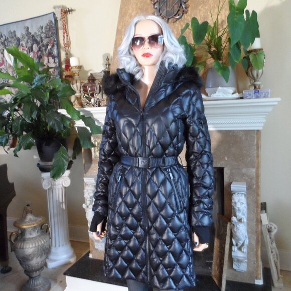 New Diane Von Furstenberg Black Quilted Down Coat w/Faux Fur Trim Hood Size S - Picture 1 of 16